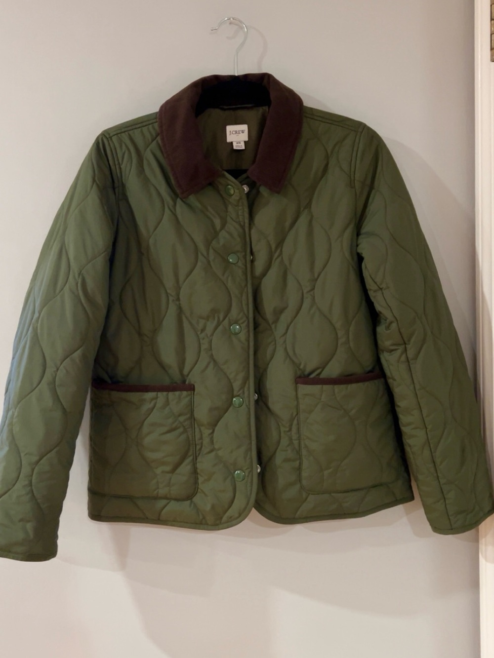 J. Crew Quilted Green Barn Utility Jacket with Contrast Brown Corduroy Collar